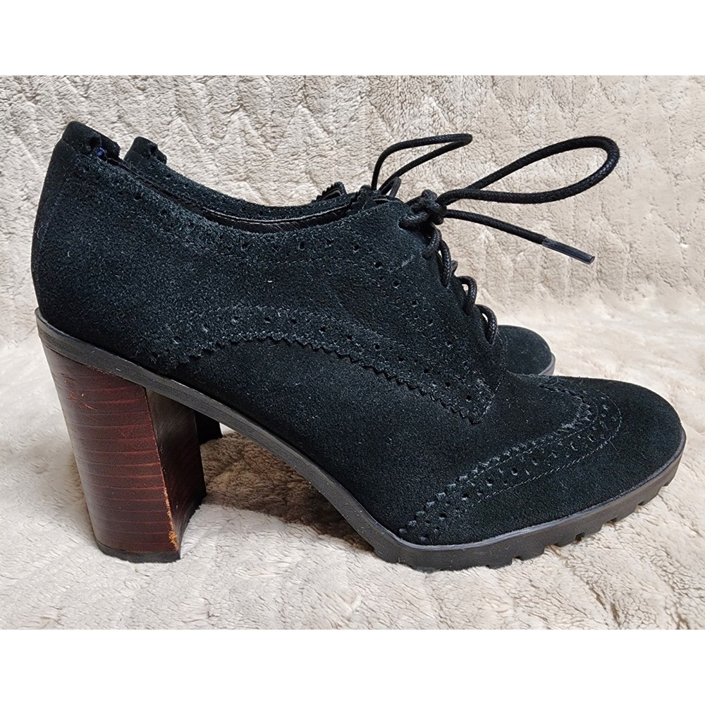 Tommy Hilfiger Black Suede Wingtip Oxford Block Heel Booties Women 8M